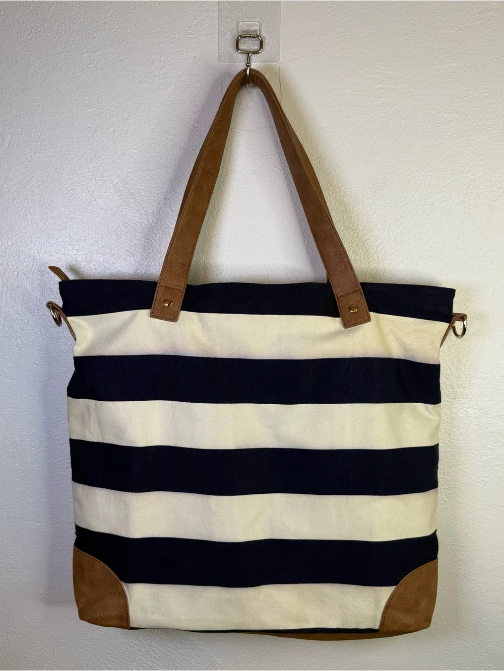 Merona Nautical Navy & Cream Striped Canvas Tote Beach Bag with Crossbody Strap